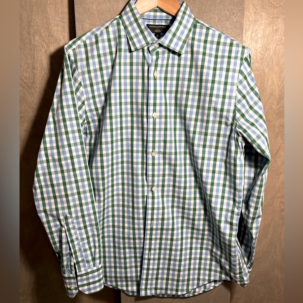 Banana Republic Classic Fit NoIron Green & Blue Gingham CheckDress Shirt 15/34